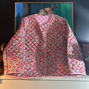 Colorful Floral Quilted Jacket with Pink Trim XL